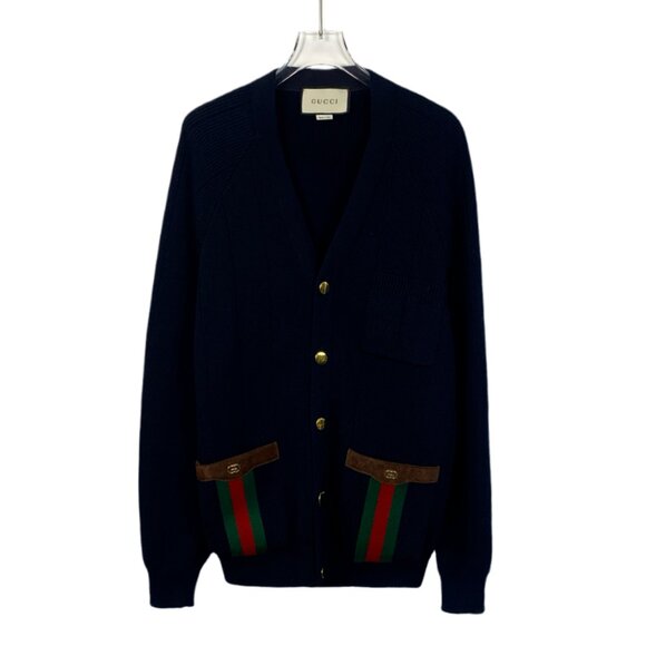 H13615 Gucci Dark blue red and green ribbon wool V-neck long-sleeved knitted - Picture 1 of 8